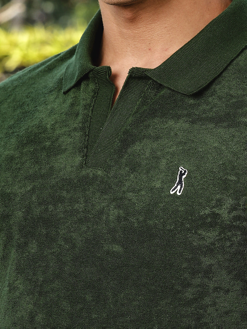 Thomas Scott Men Green Towel Terry Regular Fit Short Sleeves Polo Collar Tshirt
