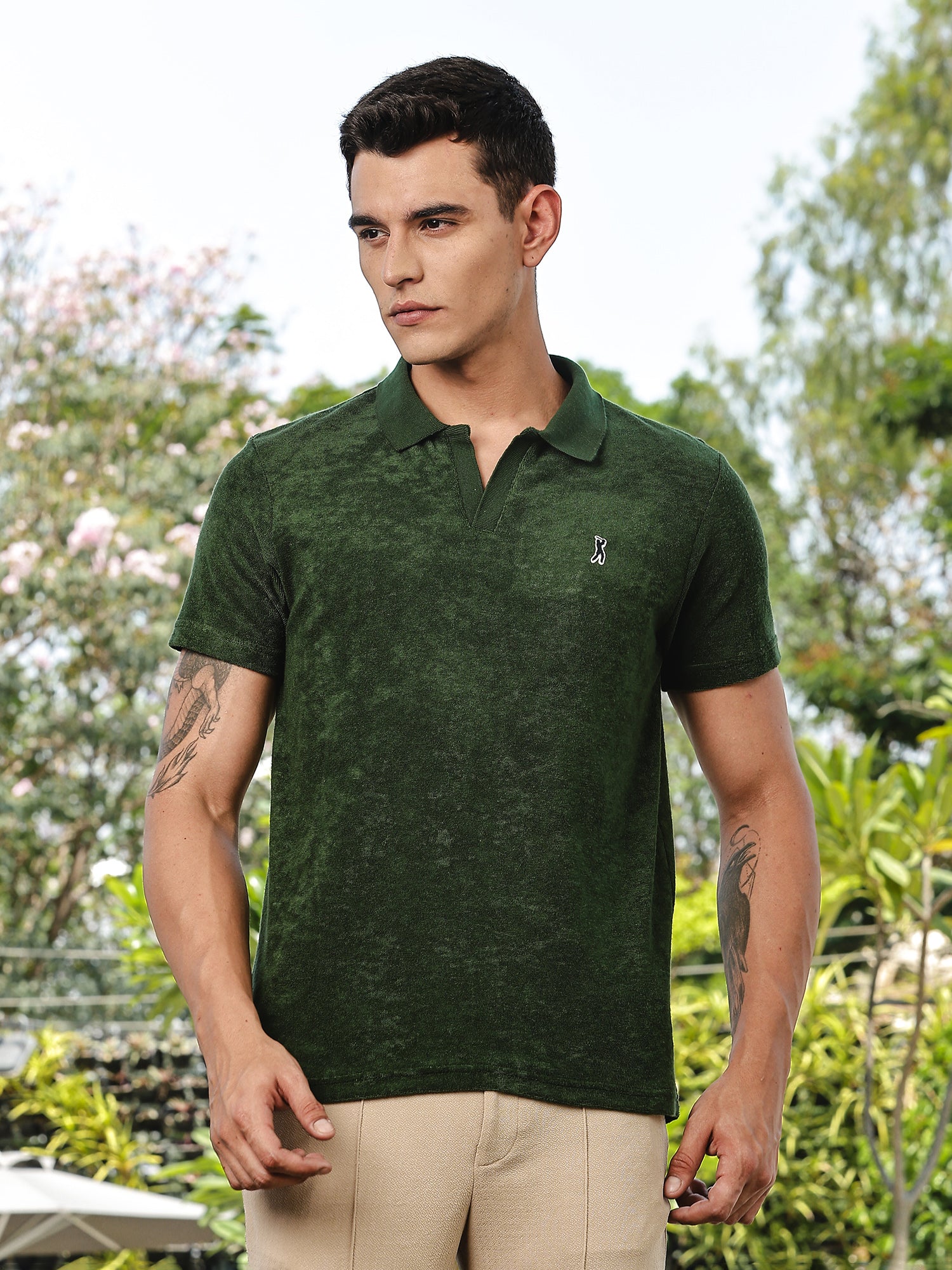 Thomas Scott Men Green Towel Terry Regular Fit Short Sleeves Polo Collar Tshirt