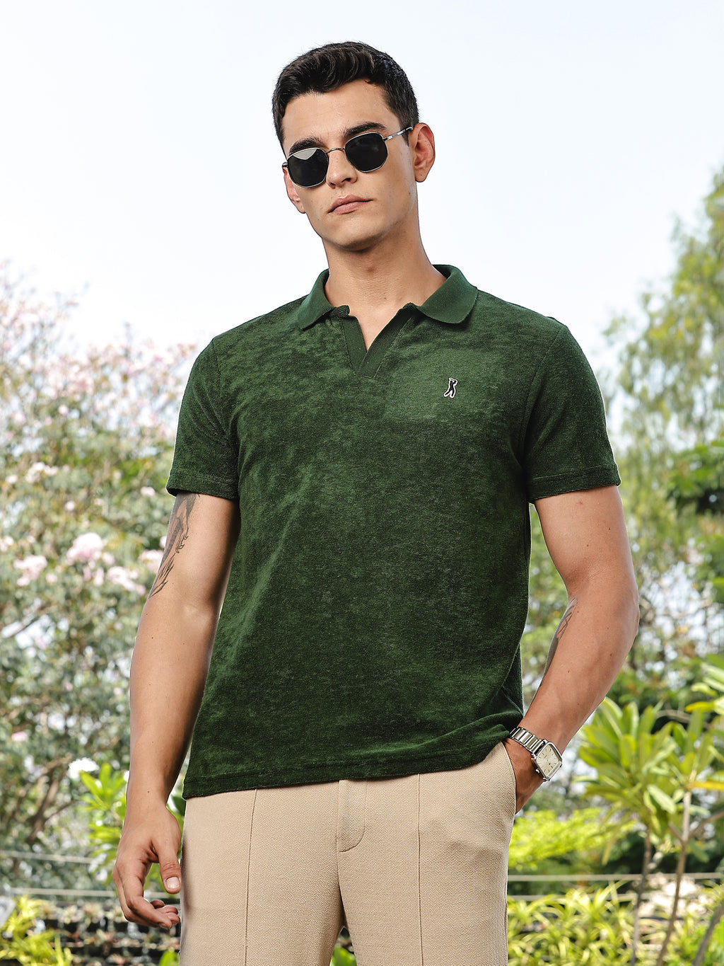 Thomas Scott Men Green Towel Terry Regular Fit Short Sleeves Polo Collar Tshirt