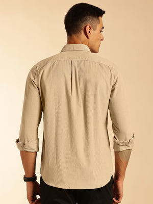 Cream Slim Fit Long Sleeves Corduroy Casual Shirt For Men