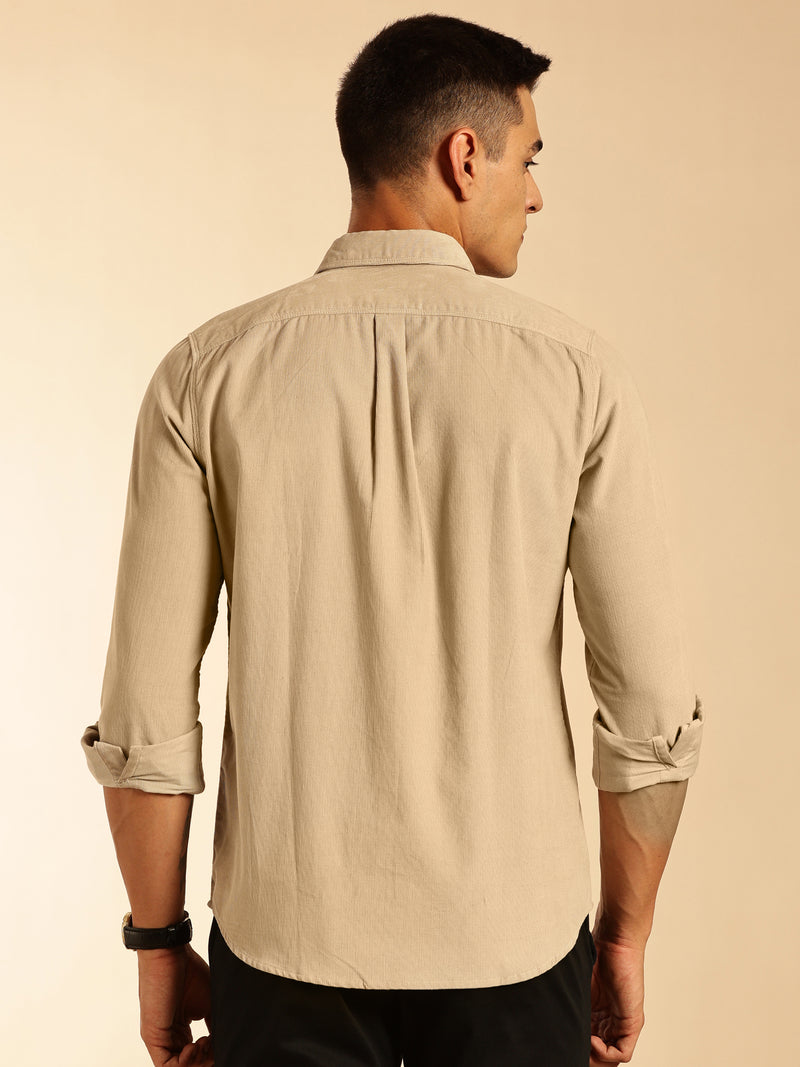 Thomas Scott Men Cream Slim Fit Long Sleeves Corduroy Casual Shirt