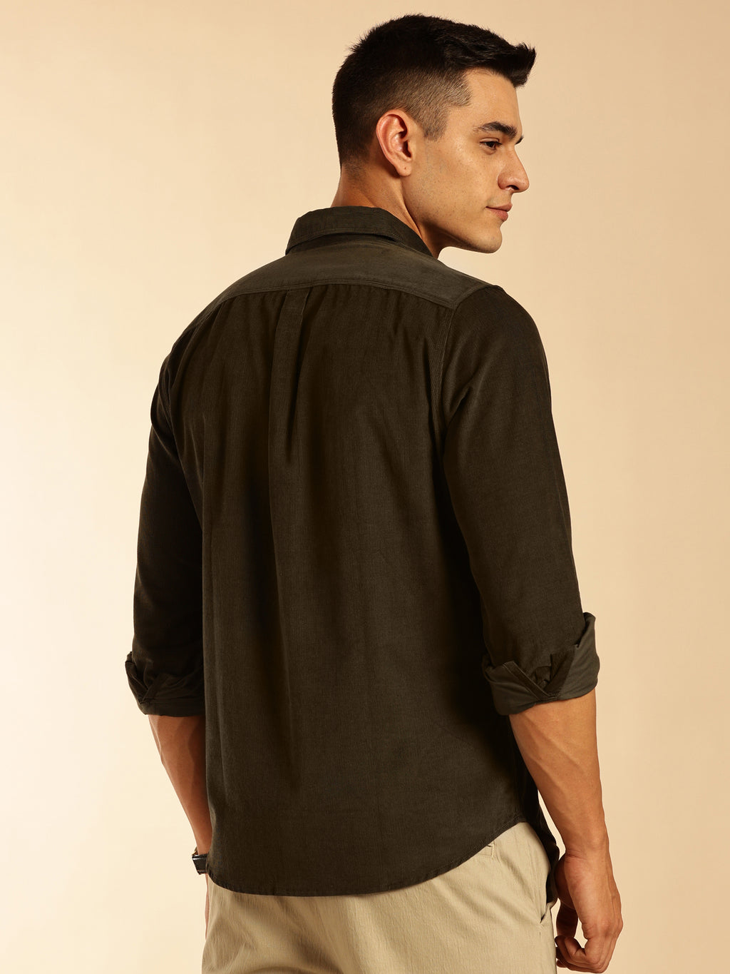 Thomas Scott Men Olive Slim Fit Long Sleeves Corduroy Casual Shirt