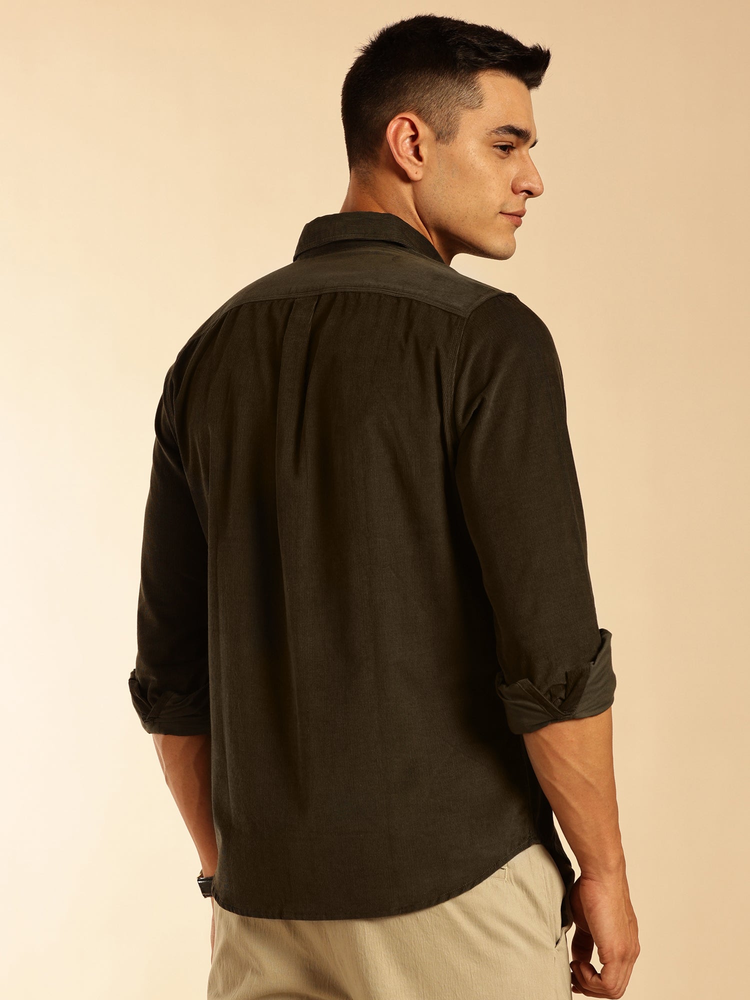 Thomas Scott Men Olive Slim Fit Long Sleeves Corduroy Casual Shirt