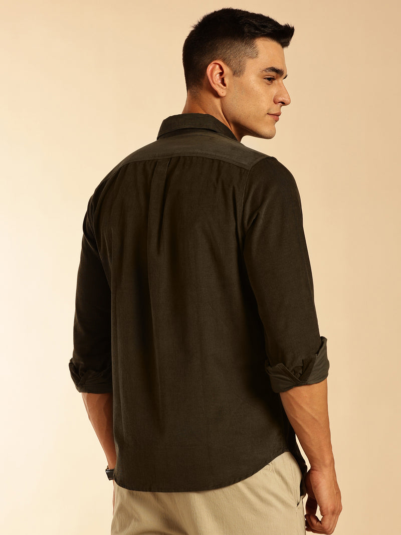 Thomas Scott Men Olive Slim Fit Long Sleeves Corduroy Casual Shirt