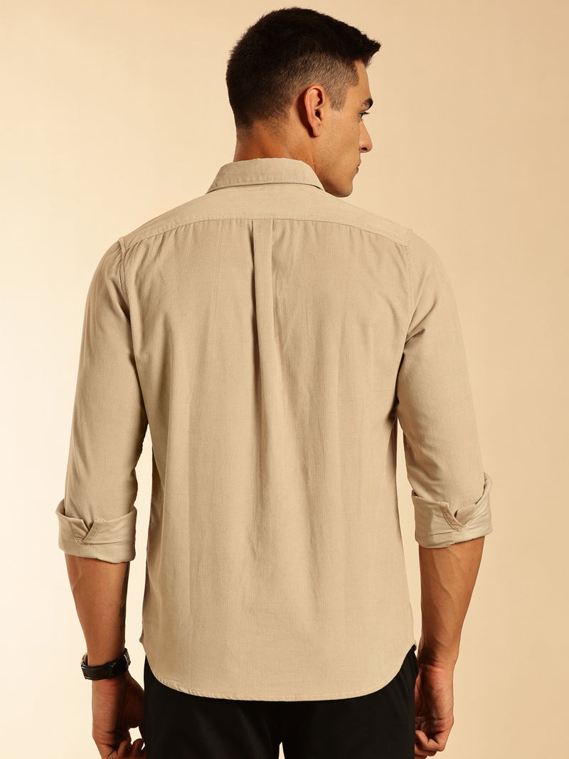 Thomas Scott Men Cream Slim Fit Long Sleeves Corduroy Casual Shirt