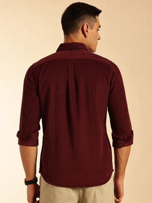 Thomas Scott Men Wine Slim Fit Long Sleeves Corduroy Casual Shirt