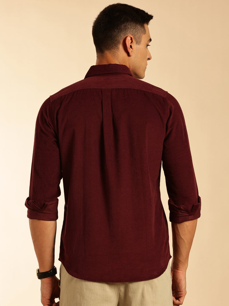Thomas Scott Men Wine Slim Fit Long Sleeves Corduroy Casual Shirt