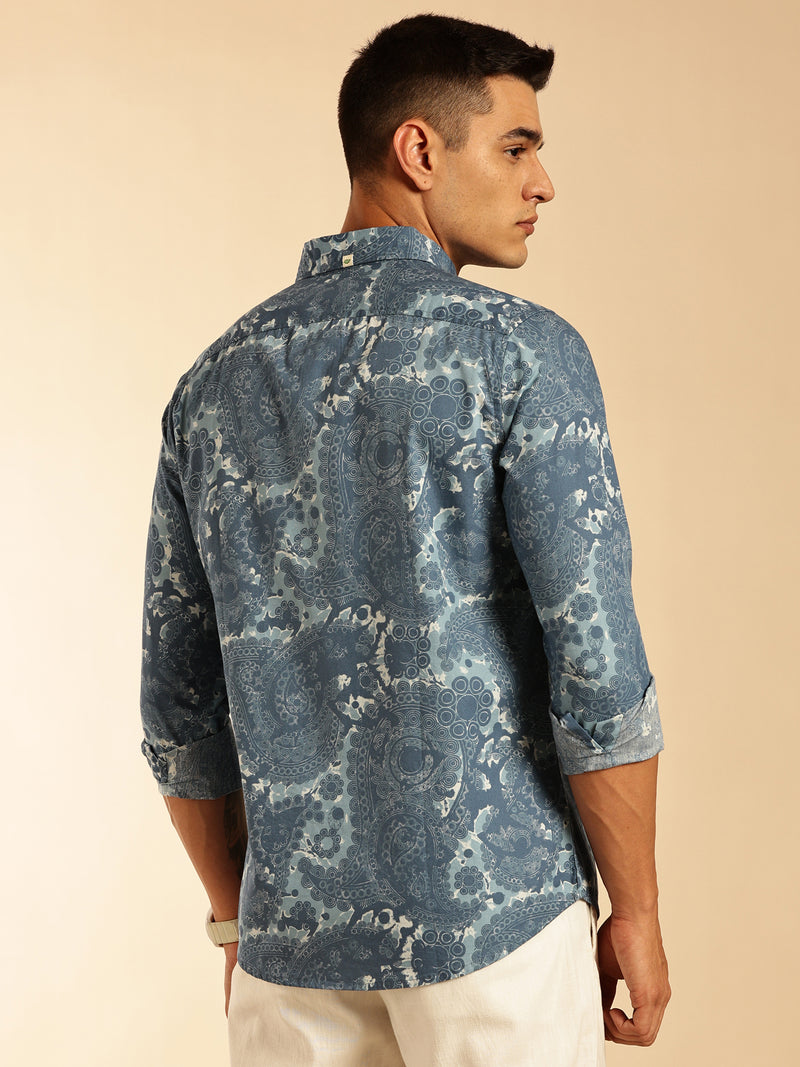 Thomas Scott Men Blue1 Regular Fit Long Sleeves Abstract Printed Pure Cotton Casual Shirt
