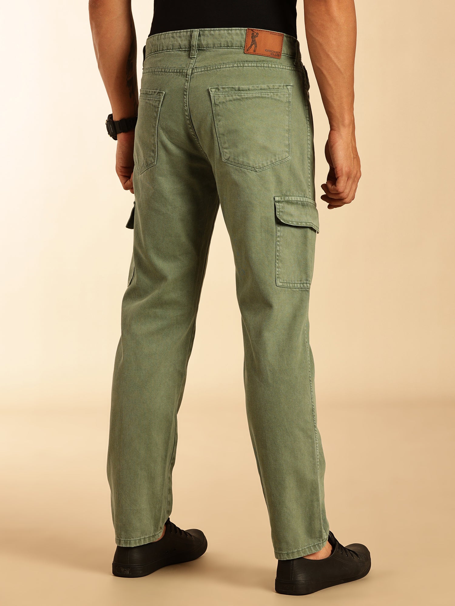 Thomas Scott Men Light Olive Loose Fit Mid-Rise Non Stretchable Cargo Jeans