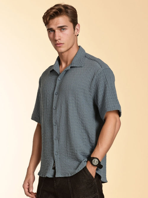 Thomas Scott Men Blue Regular Fit Short Sleeves Cuban Collar Seersucker Shirt