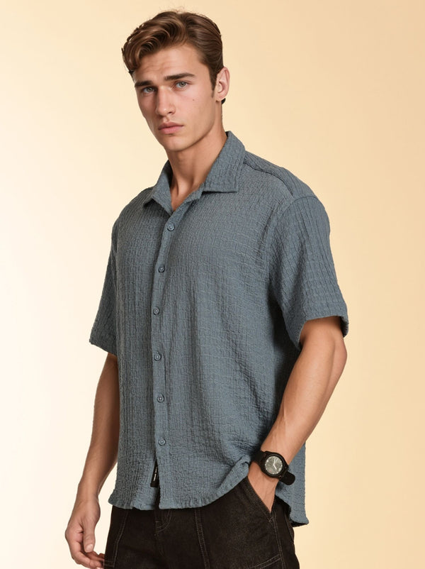 Blue Regular Fit Short Sleeves Cuban Collar Seersucker Shirt For Men