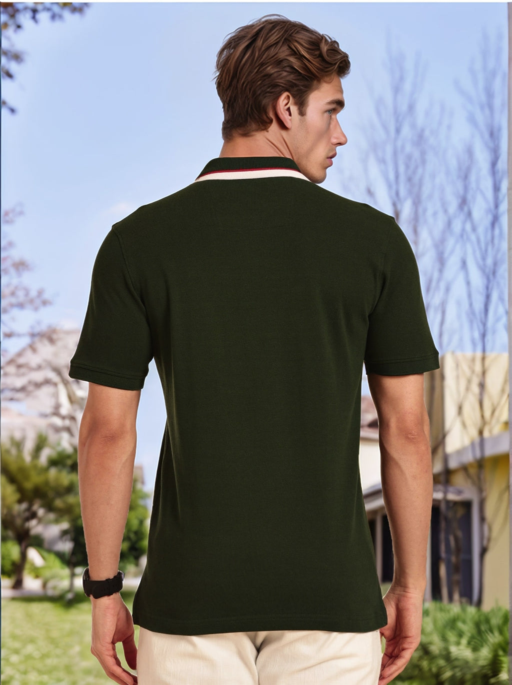 Thomas Scott Men Bottle Green Regular Fit Short Sleeves Knitted Polo Collar T-shirt