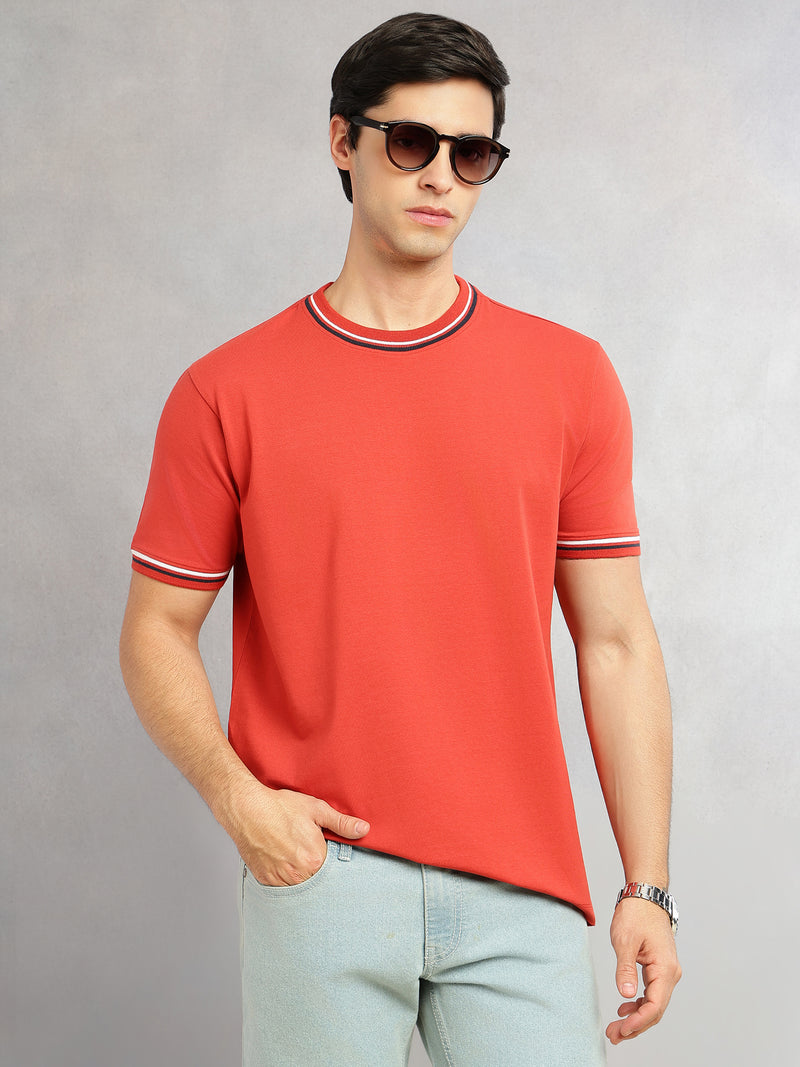 Thomas Scott Men Rust Cricket Club Collection Short Sleeves Regular Fit Round Neck Solid Knitted T-shirt