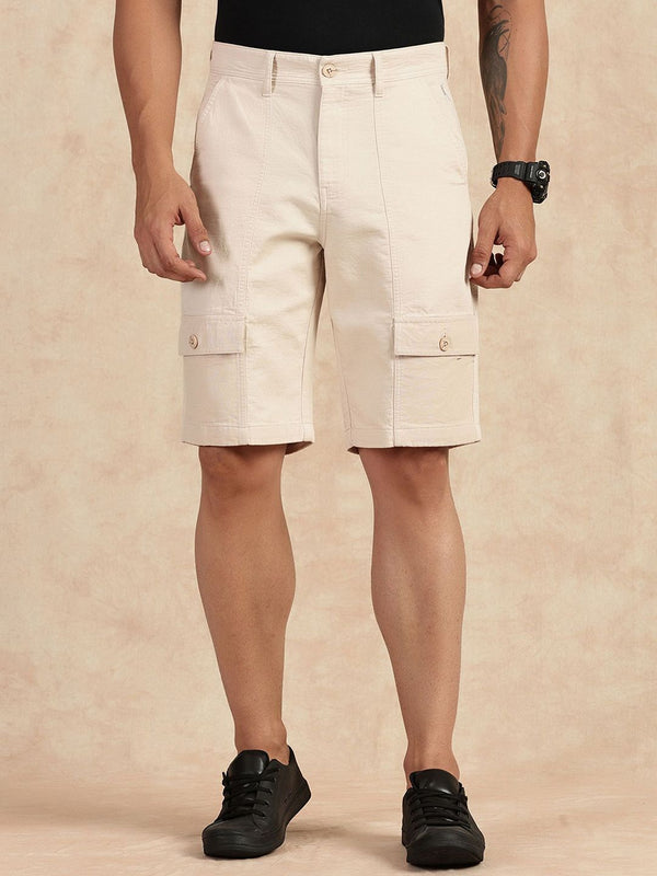 Beige Straight Fit Mid-Rise Cargo Shorts For Men