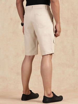Beige Straight Fit Mid-Rise Cargo Shorts For Men