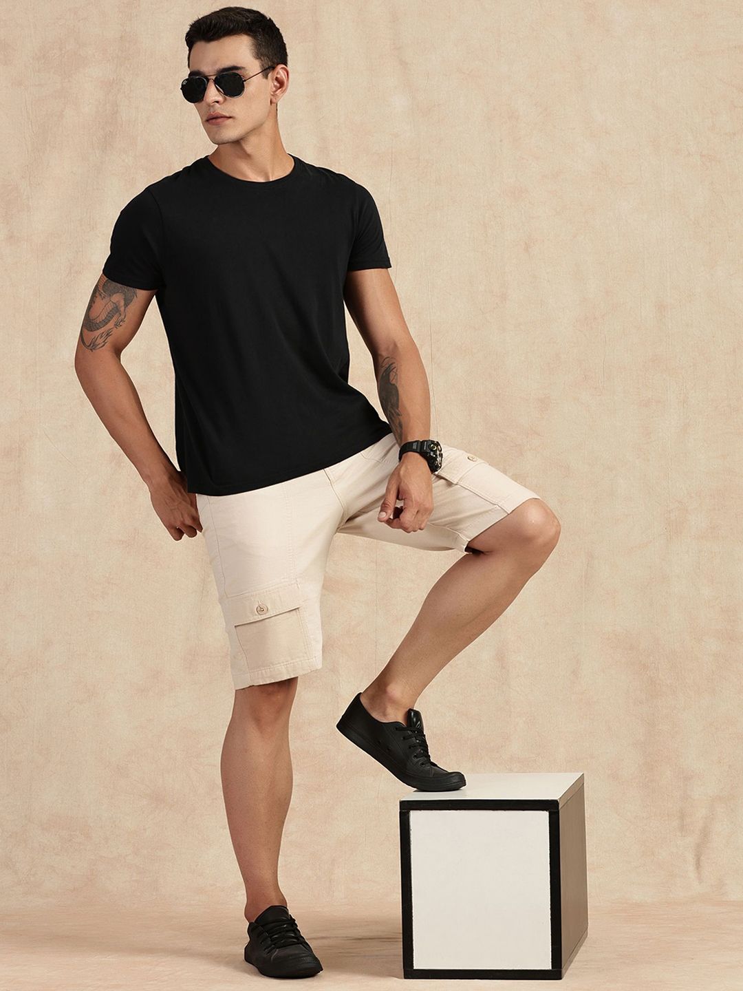 Beige Straight Fit Mid-Rise Cargo Shorts For Men