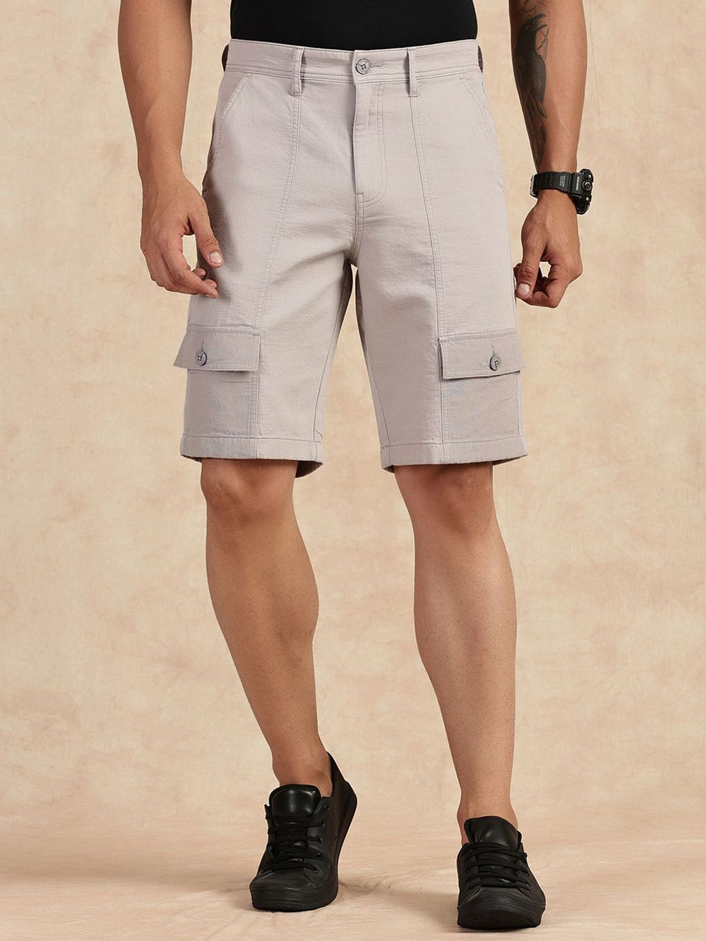 Grey Straight Fit Mid-Rise Cargo Shorts For Men