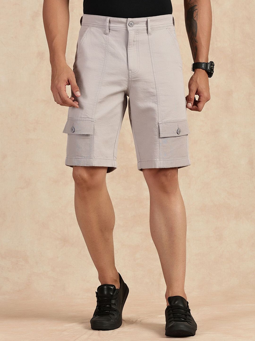 Grey Straight Fit Mid-Rise Cargo Shorts For Men