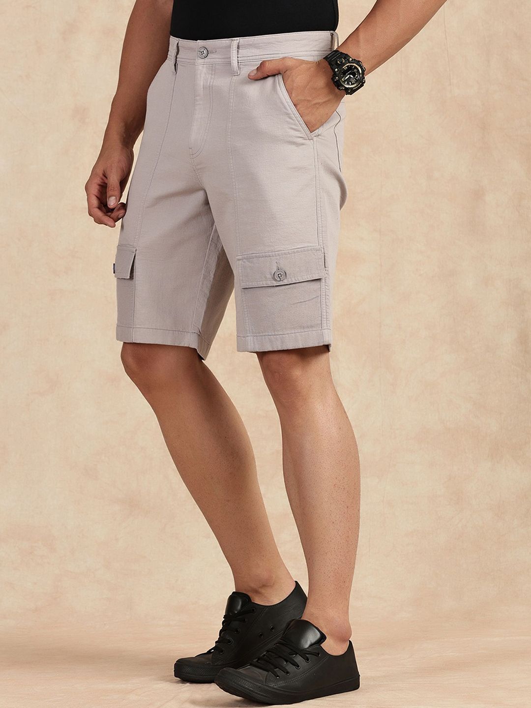 Grey Straight Fit Mid-Rise Cargo Shorts For Men