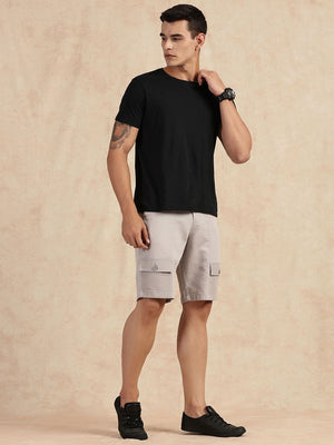 Grey Straight Fit Mid-Rise Cargo Shorts For Men