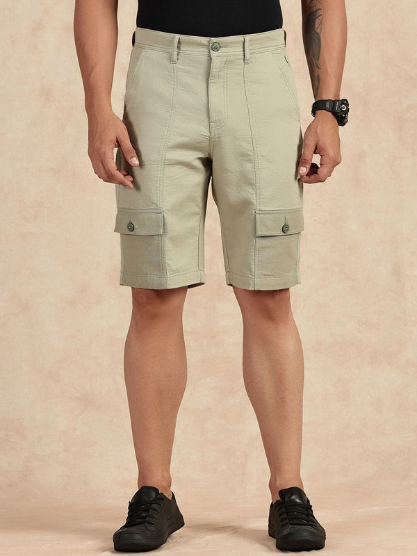 Light Olive Straight Fit Mid-Rise Cargo Shorts For Men