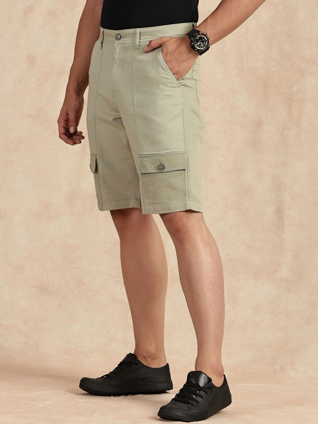 Light Olive Straight Fit Mid-Rise Cargo Shorts For Men