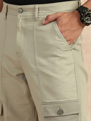 Light Olive Straight Fit Mid-Rise Cargo Shorts For Men