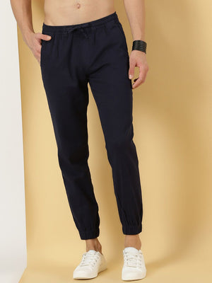Navy Regular Fit Mid-Rise Smart Linen Cotton Joggers For Men