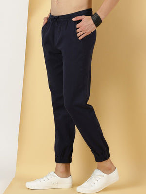 Navy Regular Fit Mid-Rise Smart Linen Cotton Joggers For Men