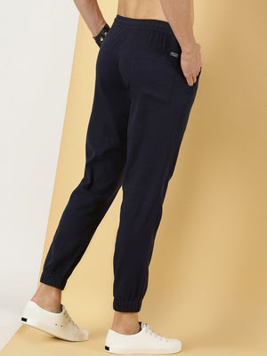 Navy Regular Fit Mid-Rise Smart Linen Cotton Joggers For Men