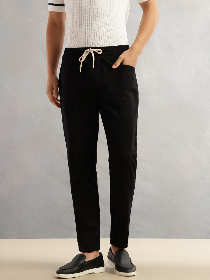 Thomas Scott Men Black Regular Fit Mid-Rise Drawstring Solid Cotton Woven Trouser