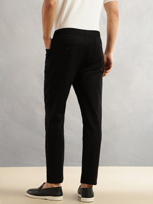 Thomas Scott Men Black Regular Fit Mid-Rise Drawstring Solid Cotton Woven Trouser