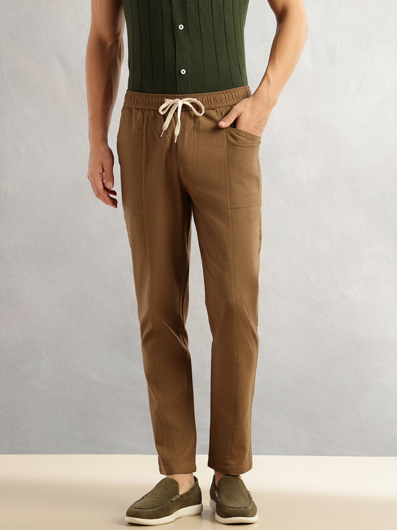 Thomas Scott Men Brown Regular Fit Mid-Rise Drawstring Solid Cotton Woven Trouser