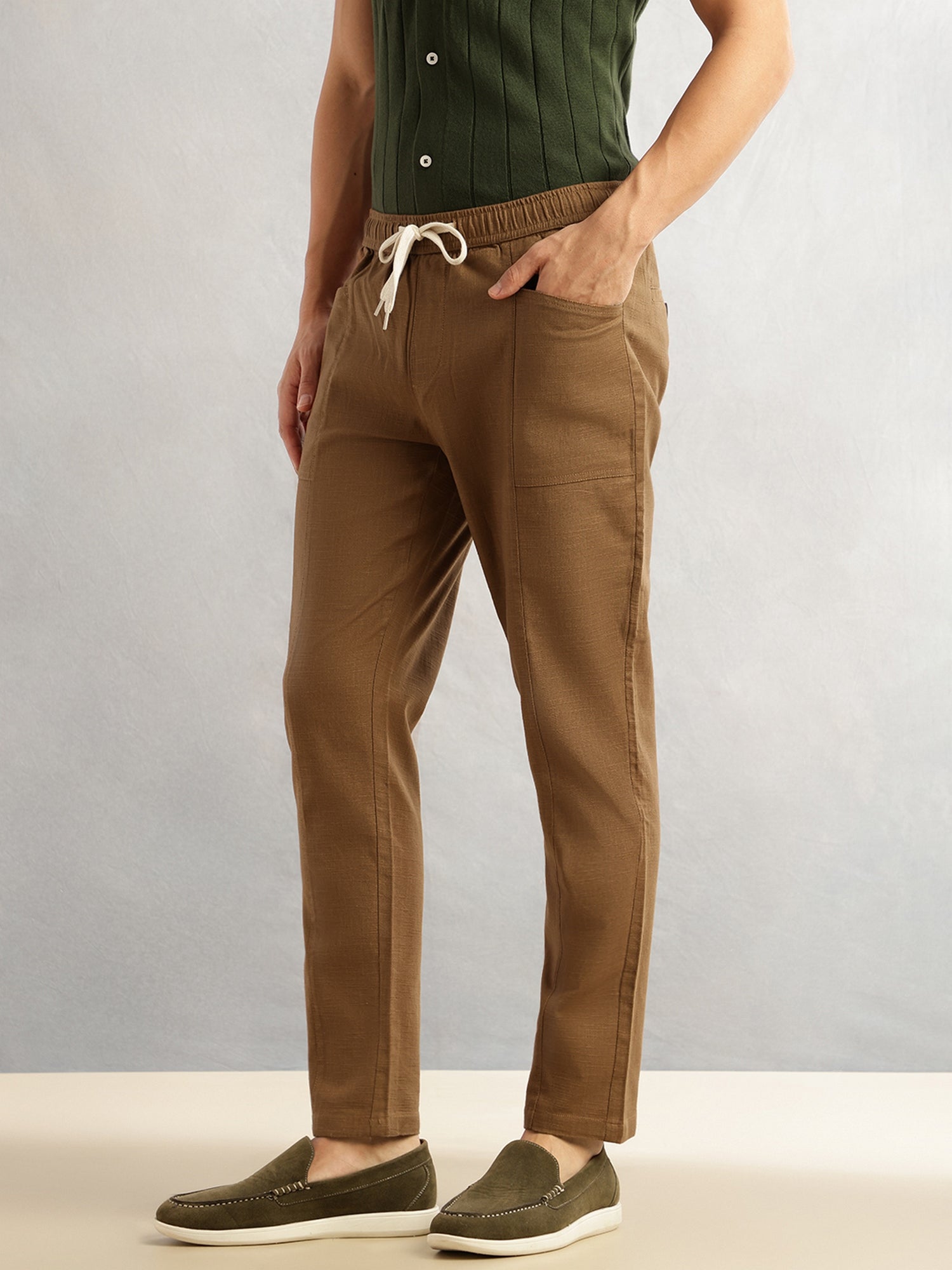 Thomas Scott Men Brown Regular Fit Mid-Rise Drawstring Solid Cotton Woven Trouser