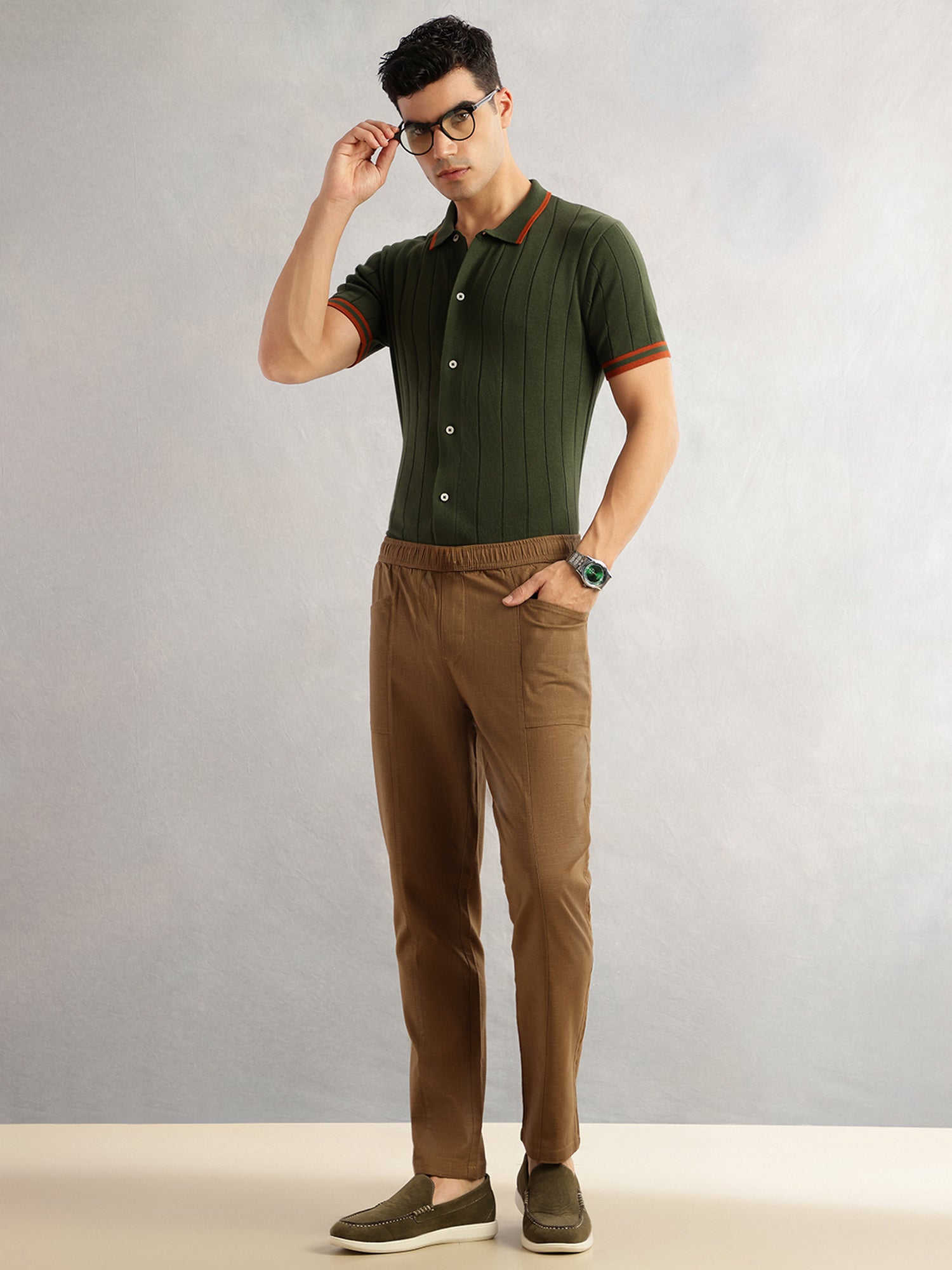 Thomas Scott Men Brown Regular Fit Mid-Rise Drawstring Solid Cotton Woven Trouser