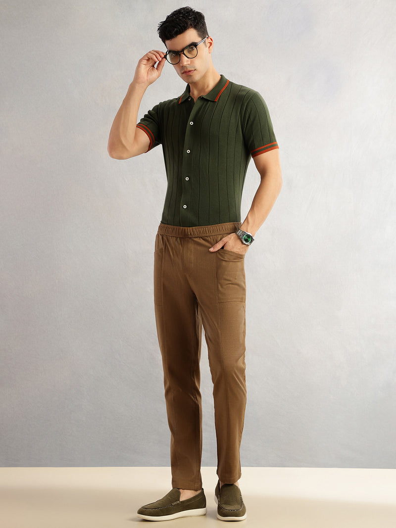Thomas Scott Men Brown Regular Fit Mid-Rise Drawstring Solid Cotton Woven Trouser