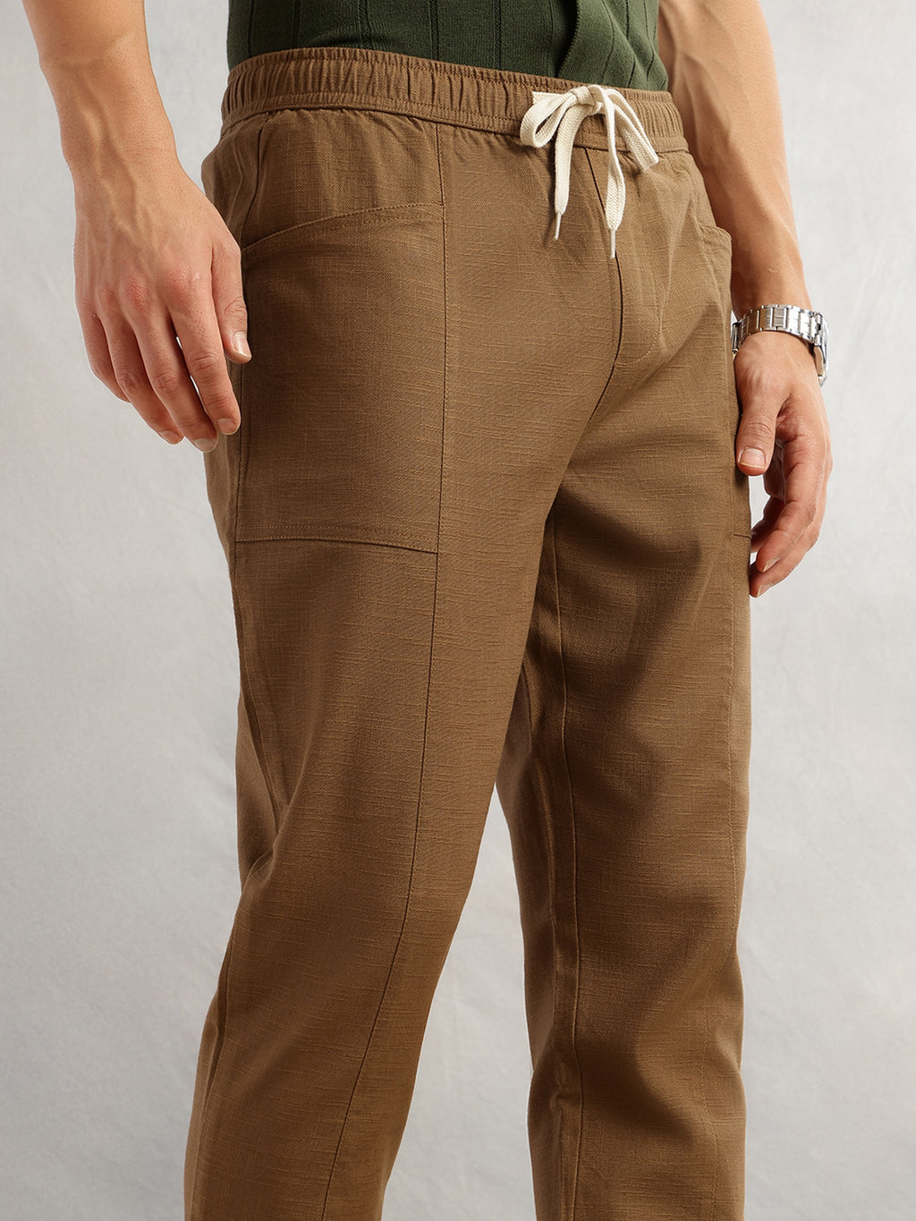 Thomas Scott Men Brown Regular Fit Mid-Rise Drawstring Solid Cotton Woven Trouser