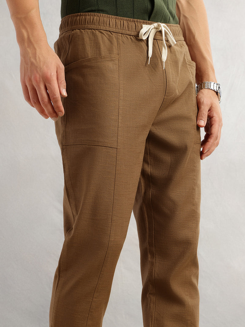 Thomas Scott Men Brown Regular Fit Mid-Rise Drawstring Solid Cotton Woven Trouser
