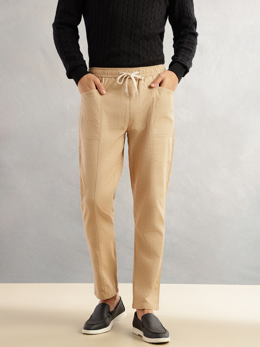Thomas Scott Men Khaki Regular Fit Mid-Rise Drawstring Solid Cotton Woven Trouser