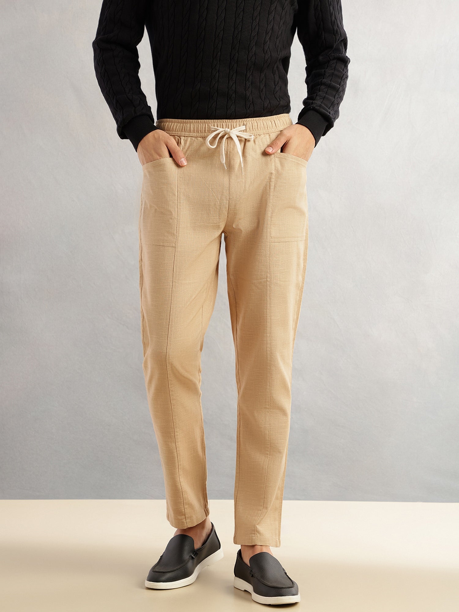 Thomas Scott Men Khaki Regular Fit Mid-Rise Drawstring Solid Cotton Woven Trouser