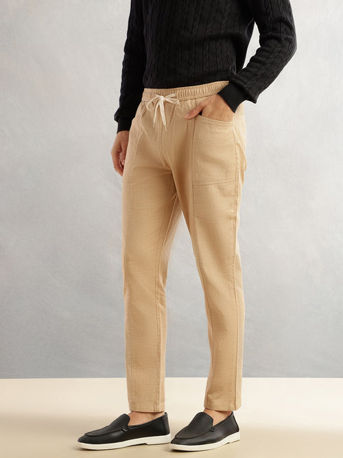Thomas Scott Men Khaki Regular Fit Mid-Rise Drawstring Solid Cotton Woven Trouser