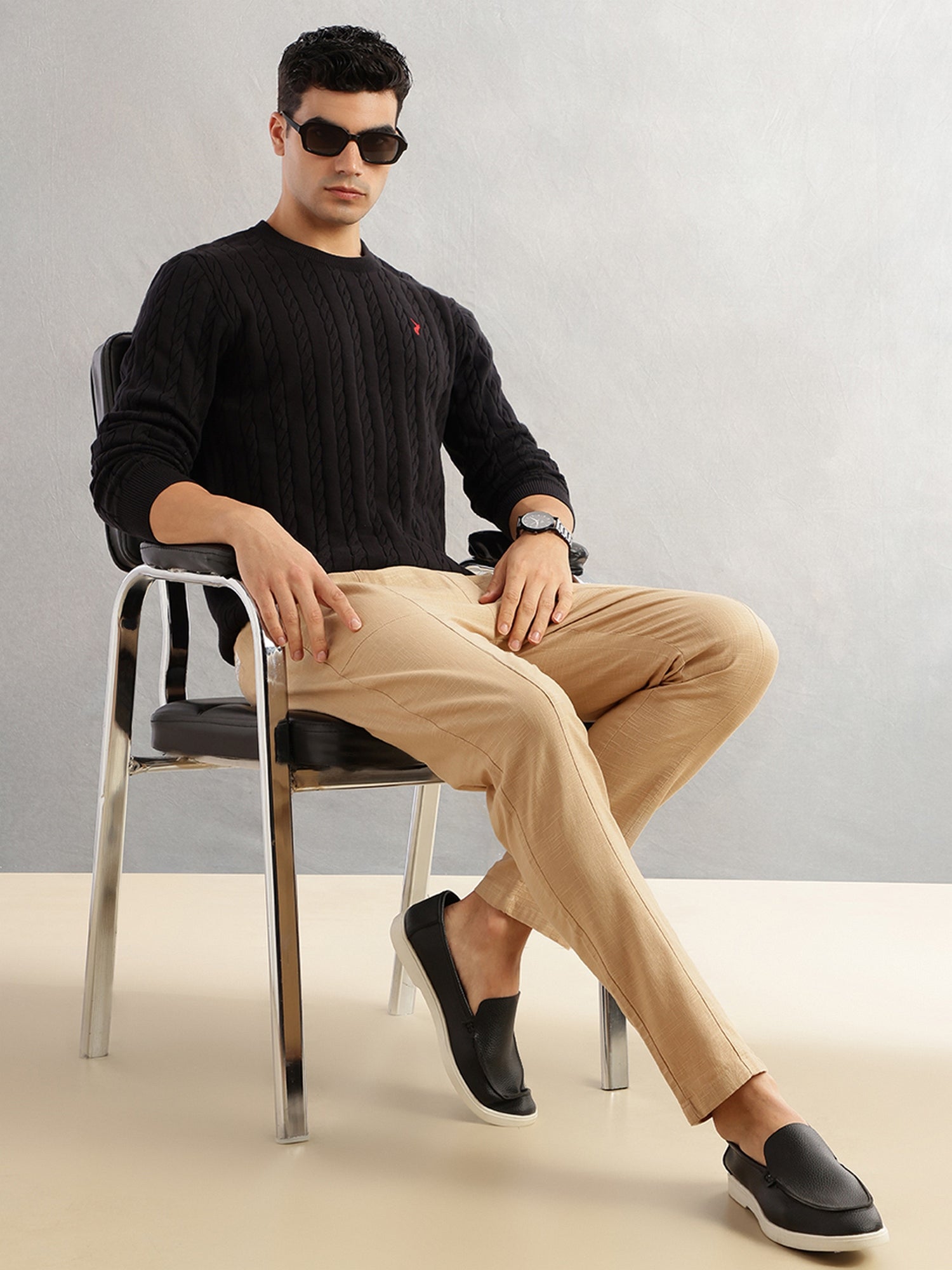 Thomas Scott Men Khaki Regular Fit Mid-Rise Drawstring Solid Cotton Woven Trouser