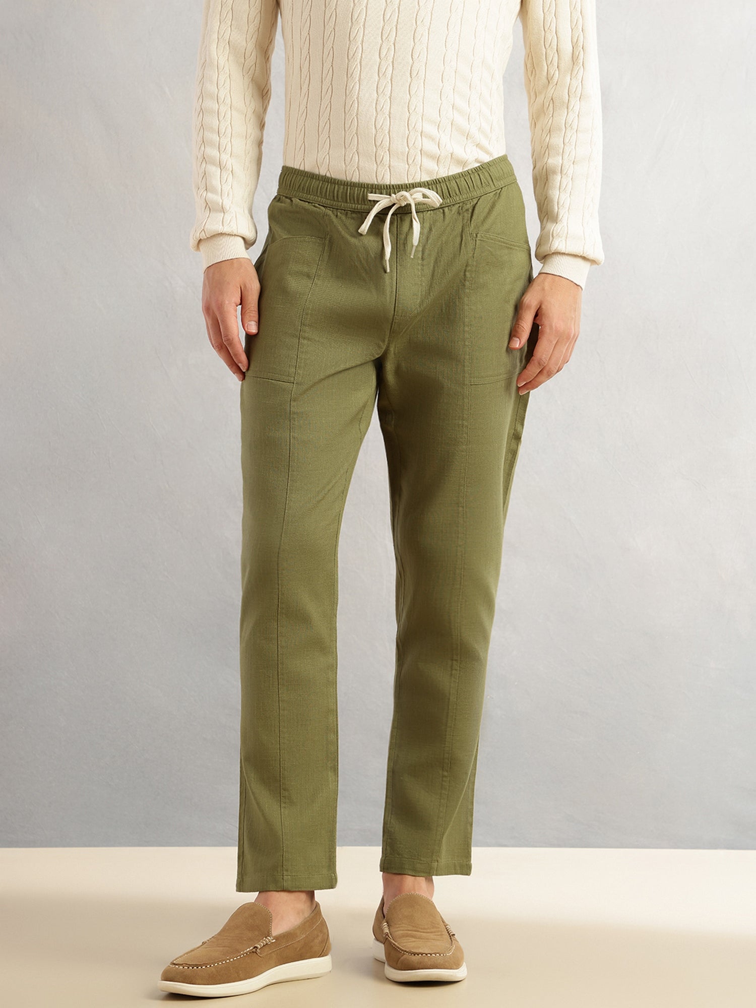 Thomas Scott Men Olive Regular Fit Mid-Rise Drawstring Solid Cotton Woven Trouser