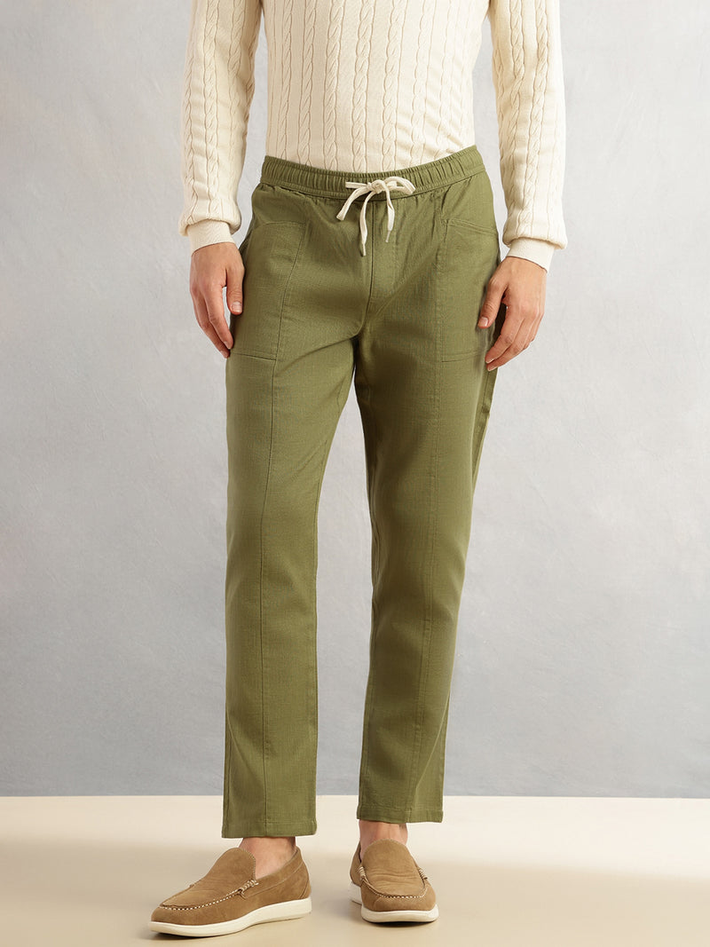Thomas Scott Men Olive Regular Fit Mid-Rise Drawstring Solid Cotton Woven Trouser