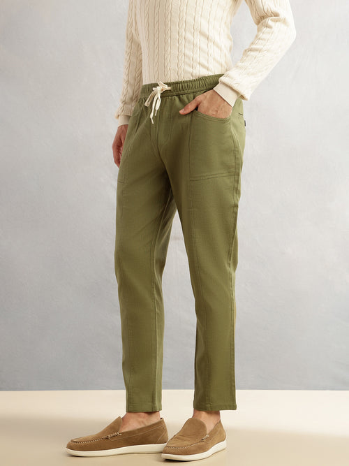 Thomas Scott Men Olive Regular Fit Mid-Rise Drawstring Solid Cotton Woven Trouser