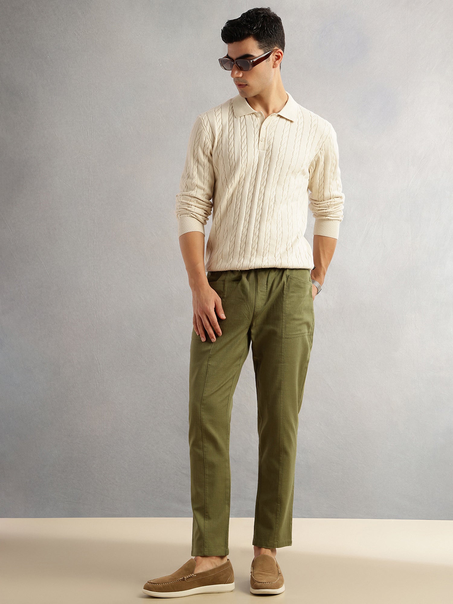 Thomas Scott Men Olive Regular Fit Mid-Rise Drawstring Solid Cotton Woven Trouser