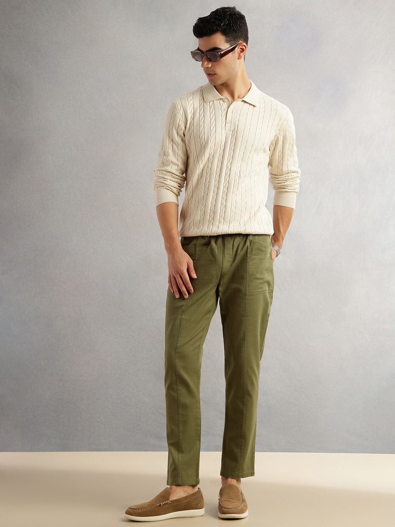 Thomas Scott Men Olive Regular Fit Mid-Rise Drawstring Solid Cotton Woven Trouser