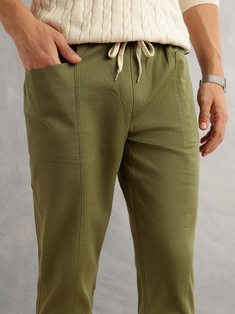 Thomas Scott Men Olive Regular Fit Mid-Rise Drawstring Solid Cotton Woven Trouser
