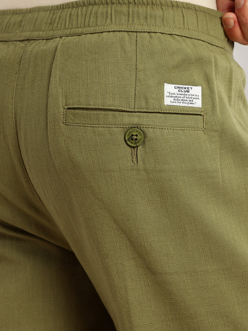 Thomas Scott Men Olive Regular Fit Mid-Rise Drawstring Solid Cotton Woven Trouser