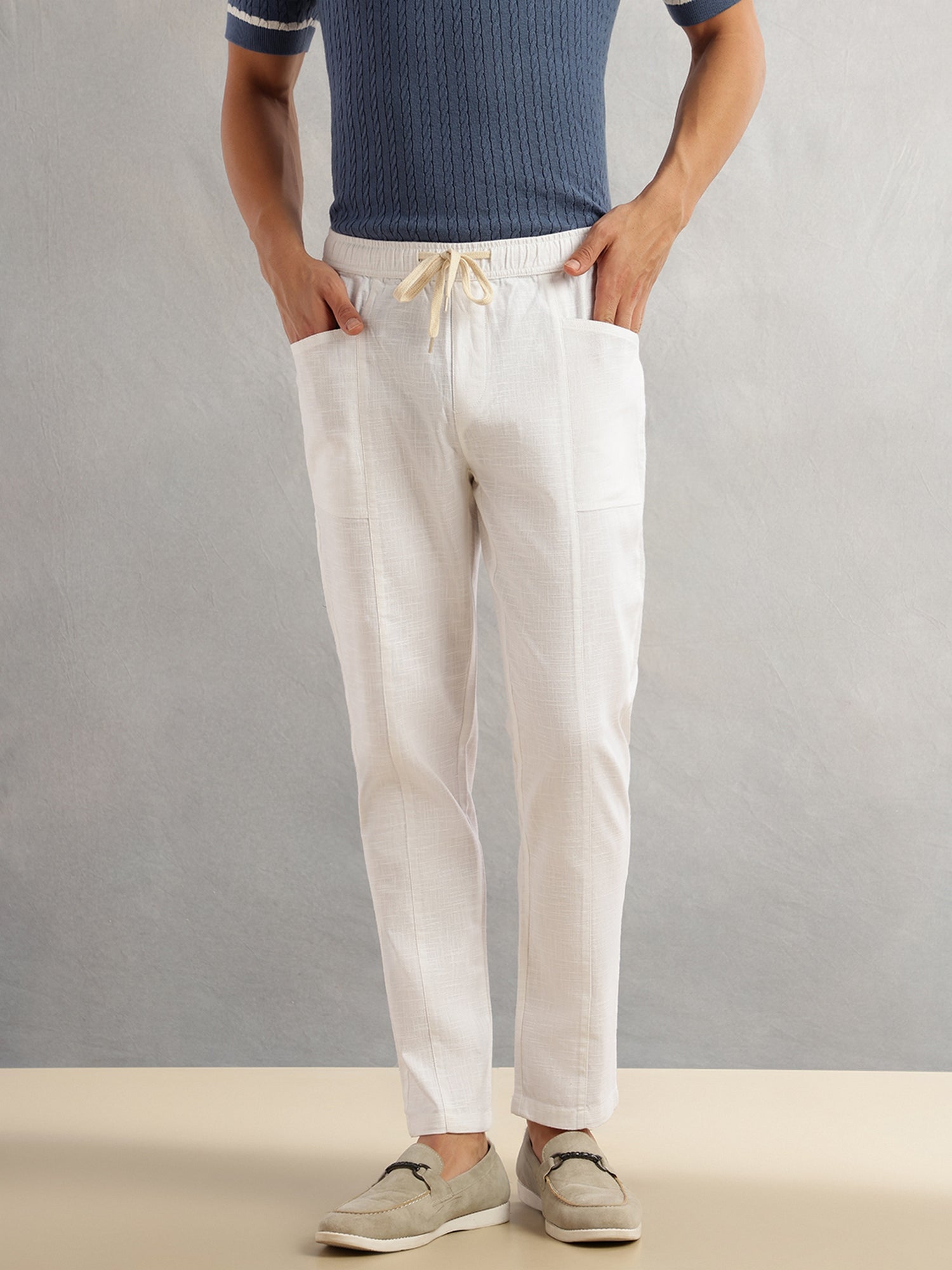 Thomas Scott Men White Regular Fit Mid-Rise Drawstring Solid Cotton Woven Trouser